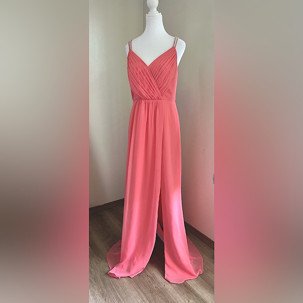 Chic Coral spaghetti strapped full length gown.